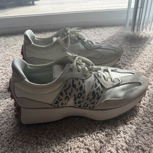 New Balance Women's Cream and Gray Sneakers with Leopard Accent